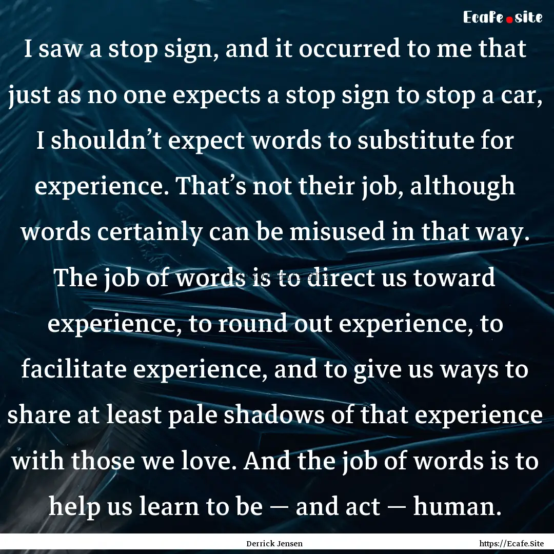 I saw a stop sign, and it occurred to me.... : Quote by Derrick Jensen