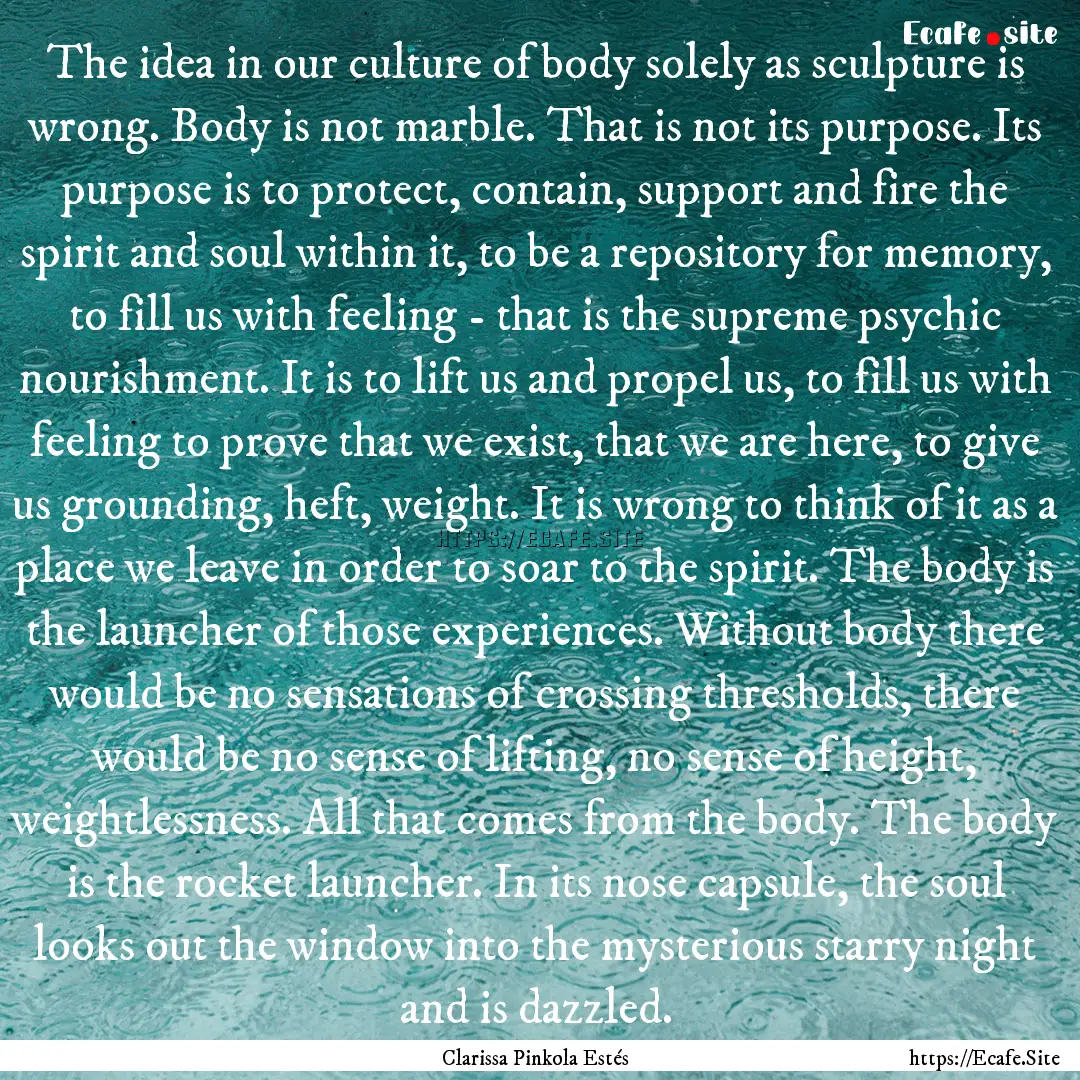 The idea in our culture of body solely as.... : Quote by Clarissa Pinkola Estés