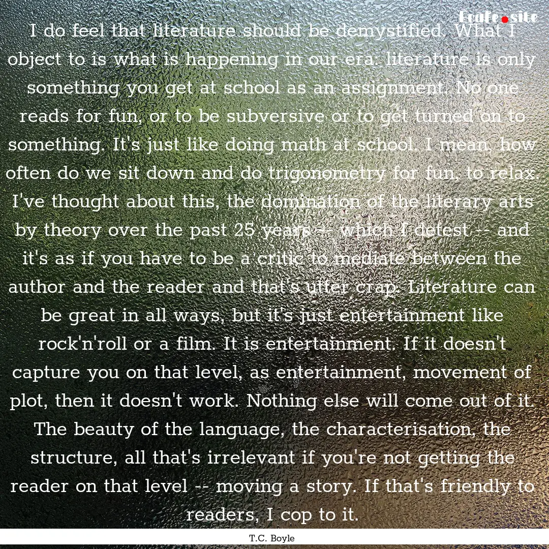 I do feel that literature should be demystified..... : Quote by T.C. Boyle