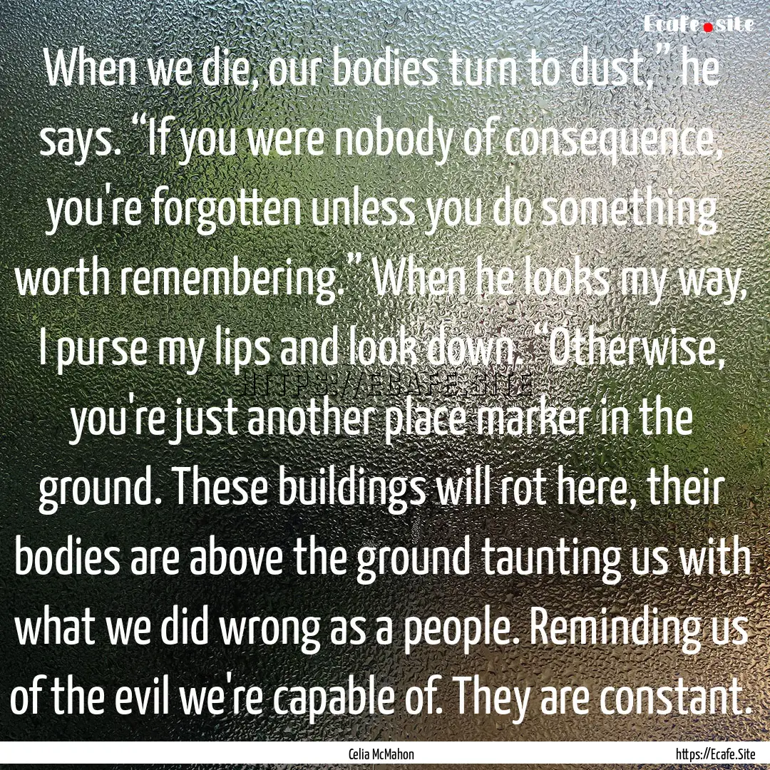 When we die, our bodies turn to dust,”.... : Quote by Celia McMahon