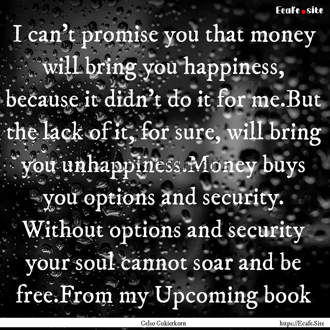 I can't promise you that money will bring.... : Quote by Celso Cukierkorn