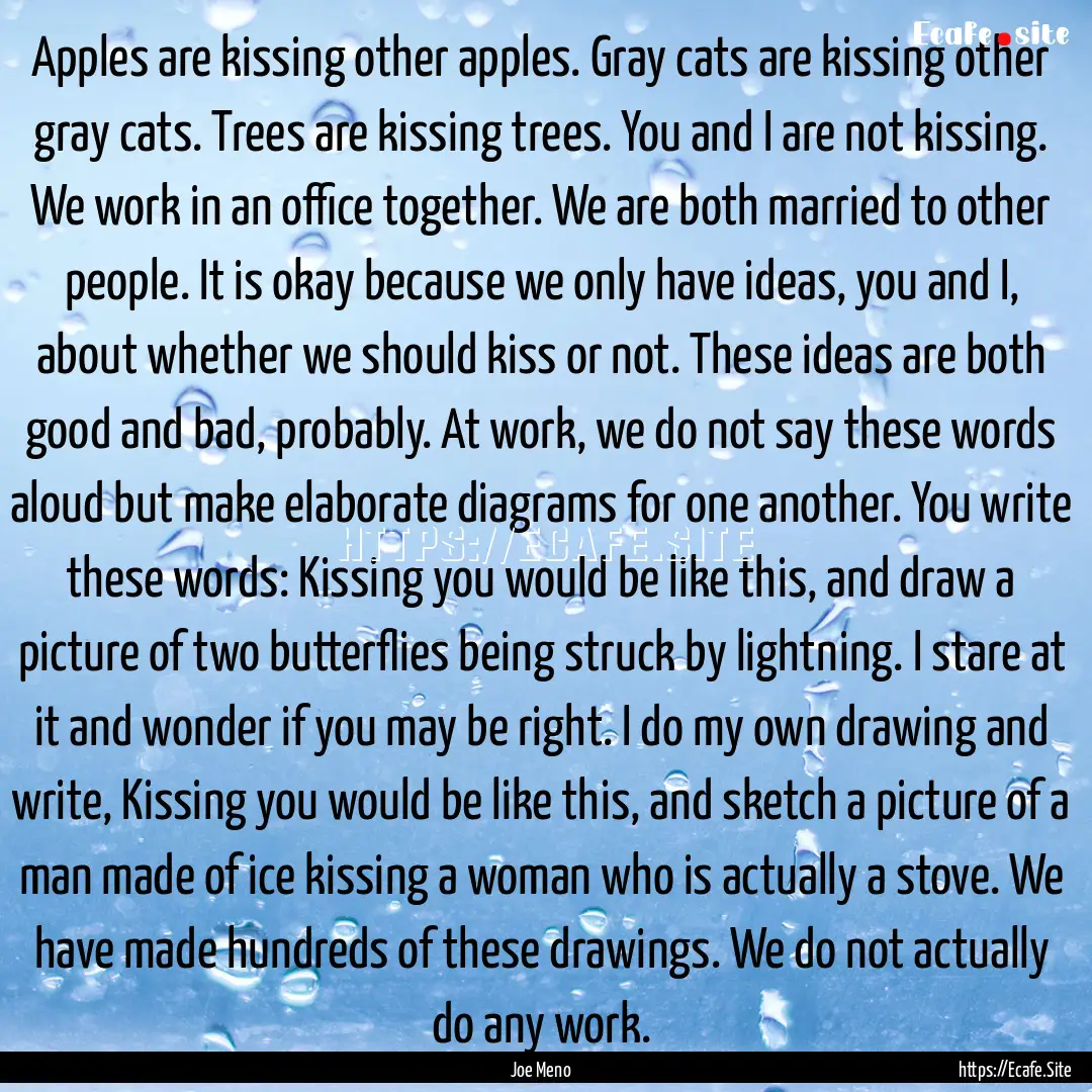 Apples are kissing other apples. Gray cats.... : Quote by Joe Meno