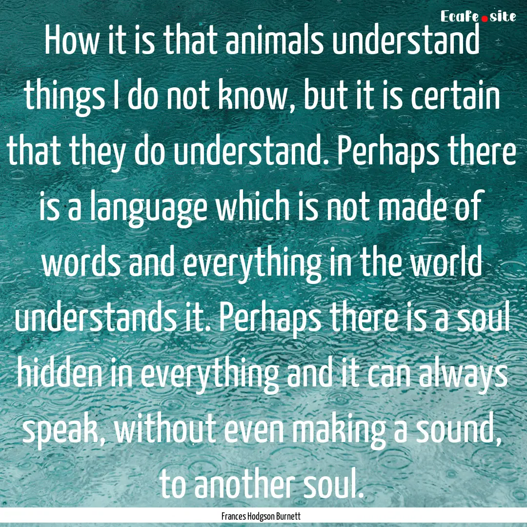 How it is that animals understand things.... : Quote by Frances Hodgson Burnett