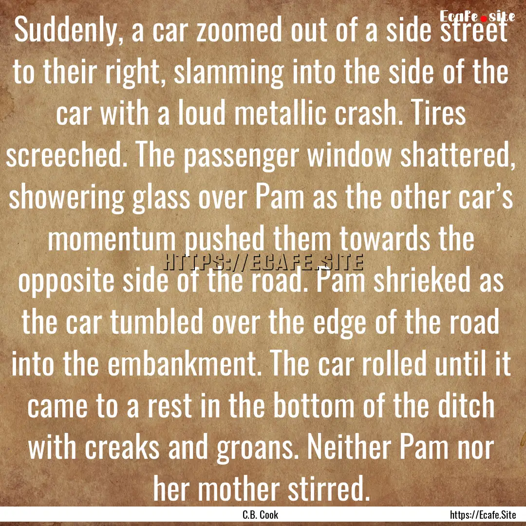 Suddenly, a car zoomed out of a side street.... : Quote by C.B. Cook