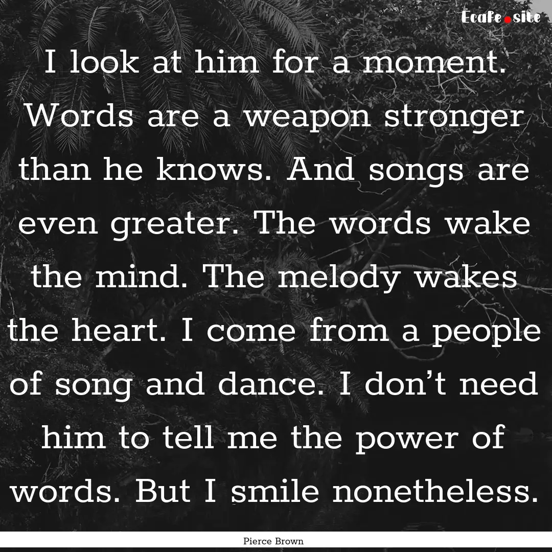 I look at him for a moment. Words are a weapon.... : Quote by Pierce Brown