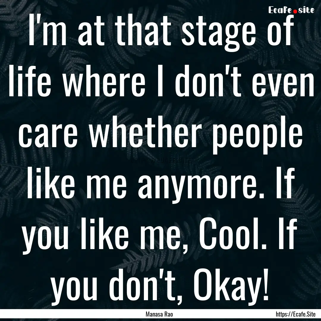 I'm at that stage of life where I don't even.... : Quote by Manasa Rao