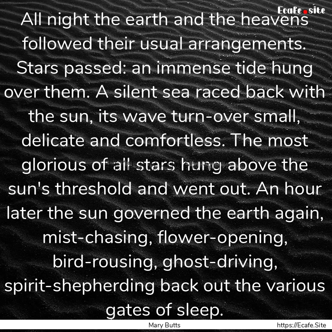 All night the earth and the heavens followed.... : Quote by Mary Butts