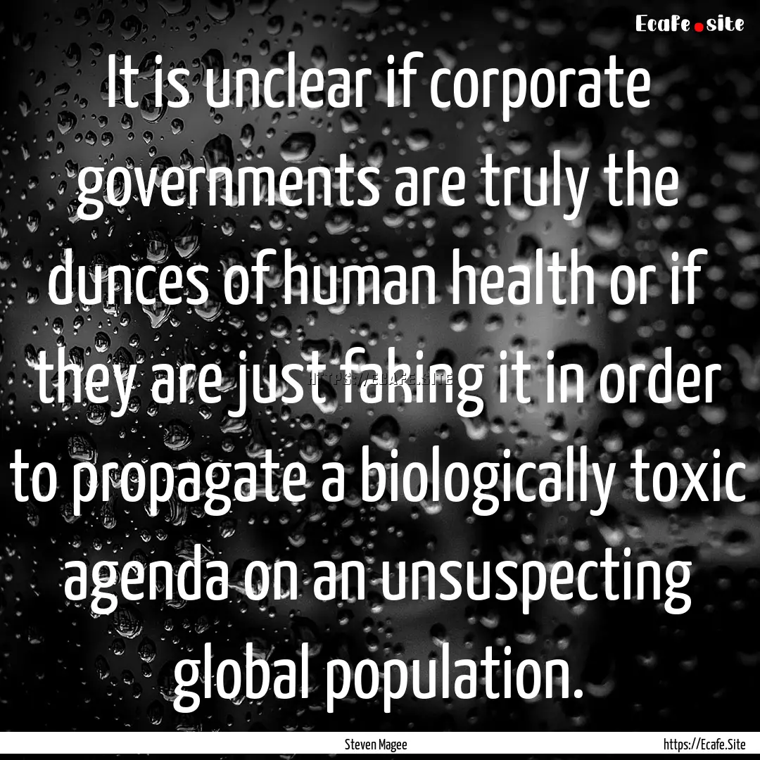 It is unclear if corporate governments are.... : Quote by Steven Magee