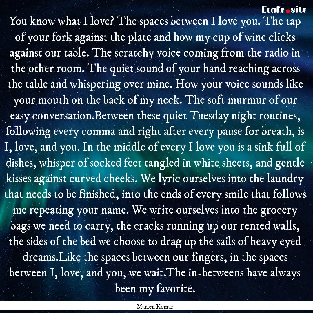 You know what I love? The spaces between.... : Quote by Marlen Komar