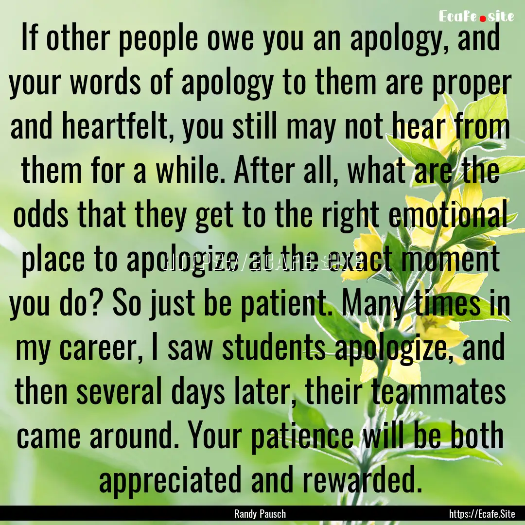 If other people owe you an apology, and your.... : Quote by Randy Pausch