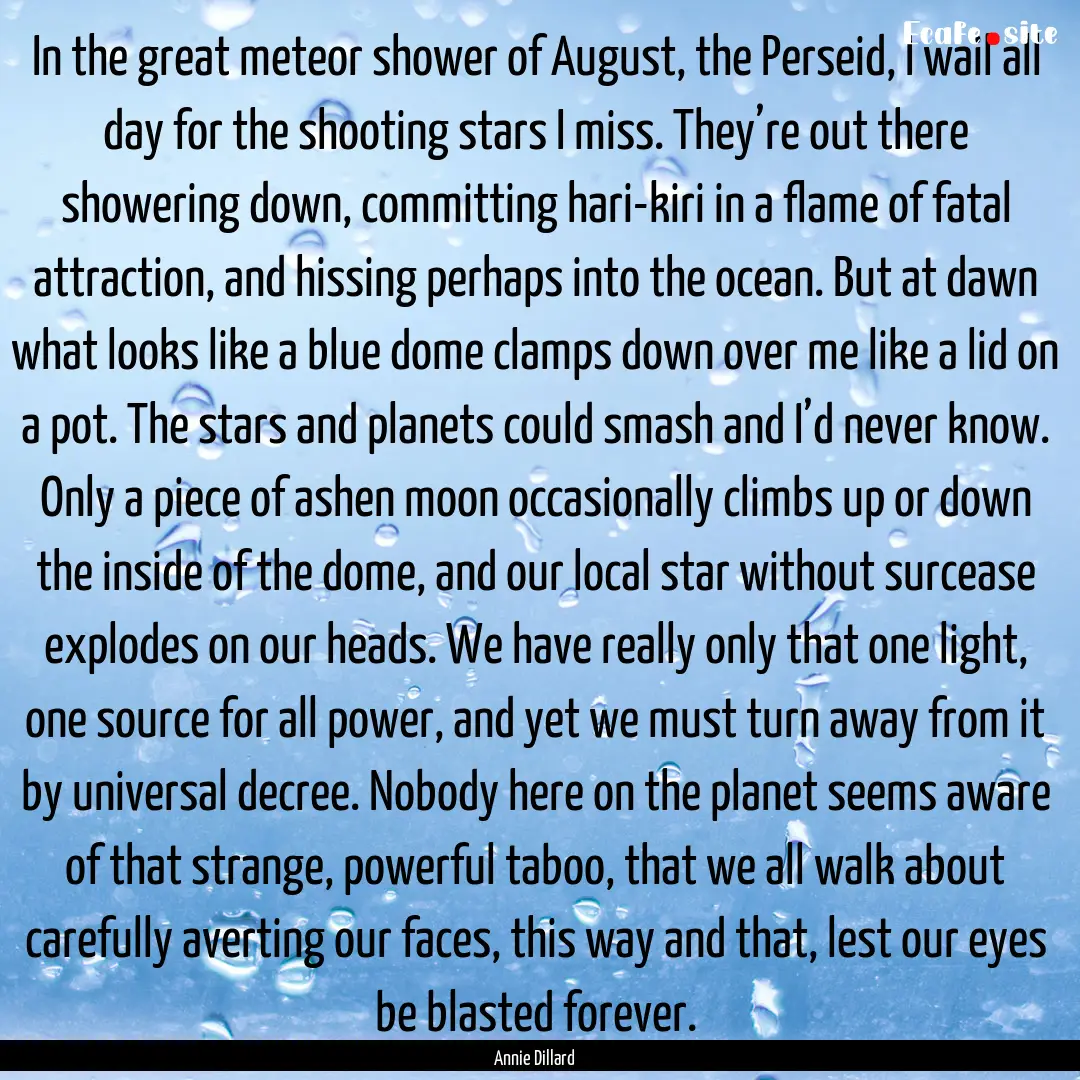 In the great meteor shower of August, the.... : Quote by Annie Dillard