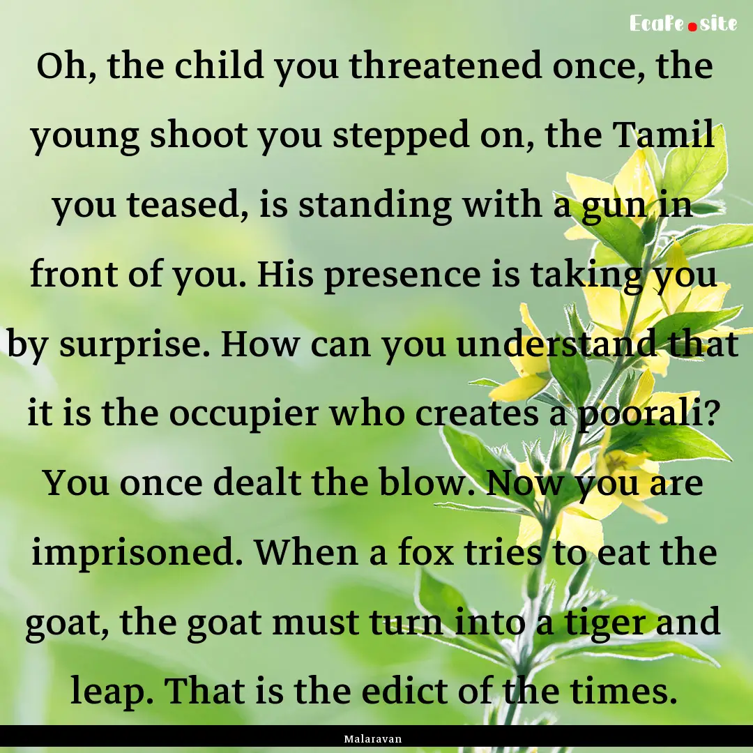 Oh, the child you threatened once, the young.... : Quote by Malaravan