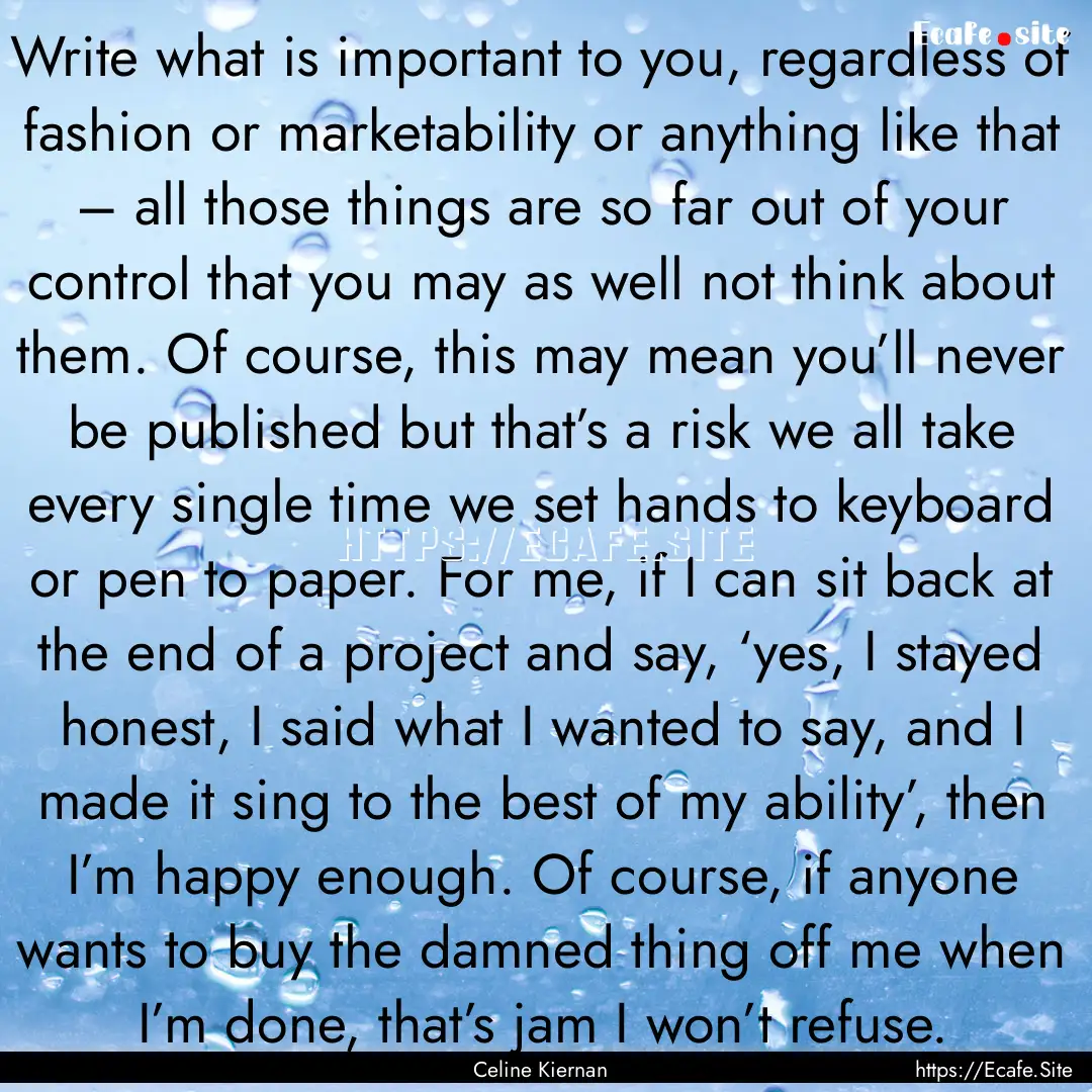 Write what is important to you, regardless.... : Quote by Celine Kiernan