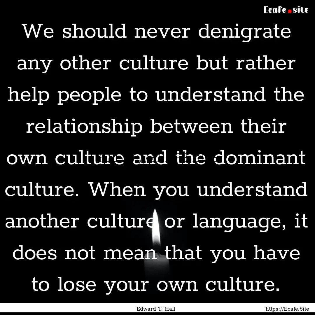 We should never denigrate any other culture.... : Quote by Edward T. Hall