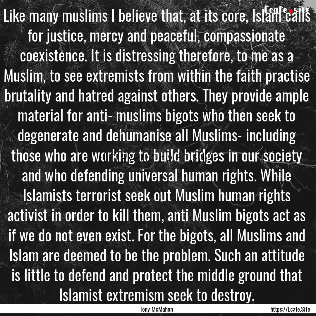 Like many muslims I believe that, at its.... : Quote by Tony McMahon