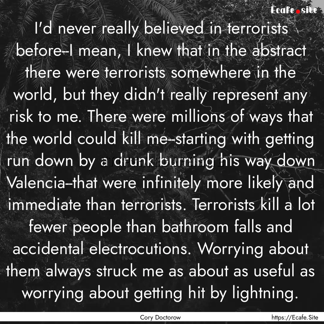 I'd never really believed in terrorists before--I.... : Quote by Cory Doctorow