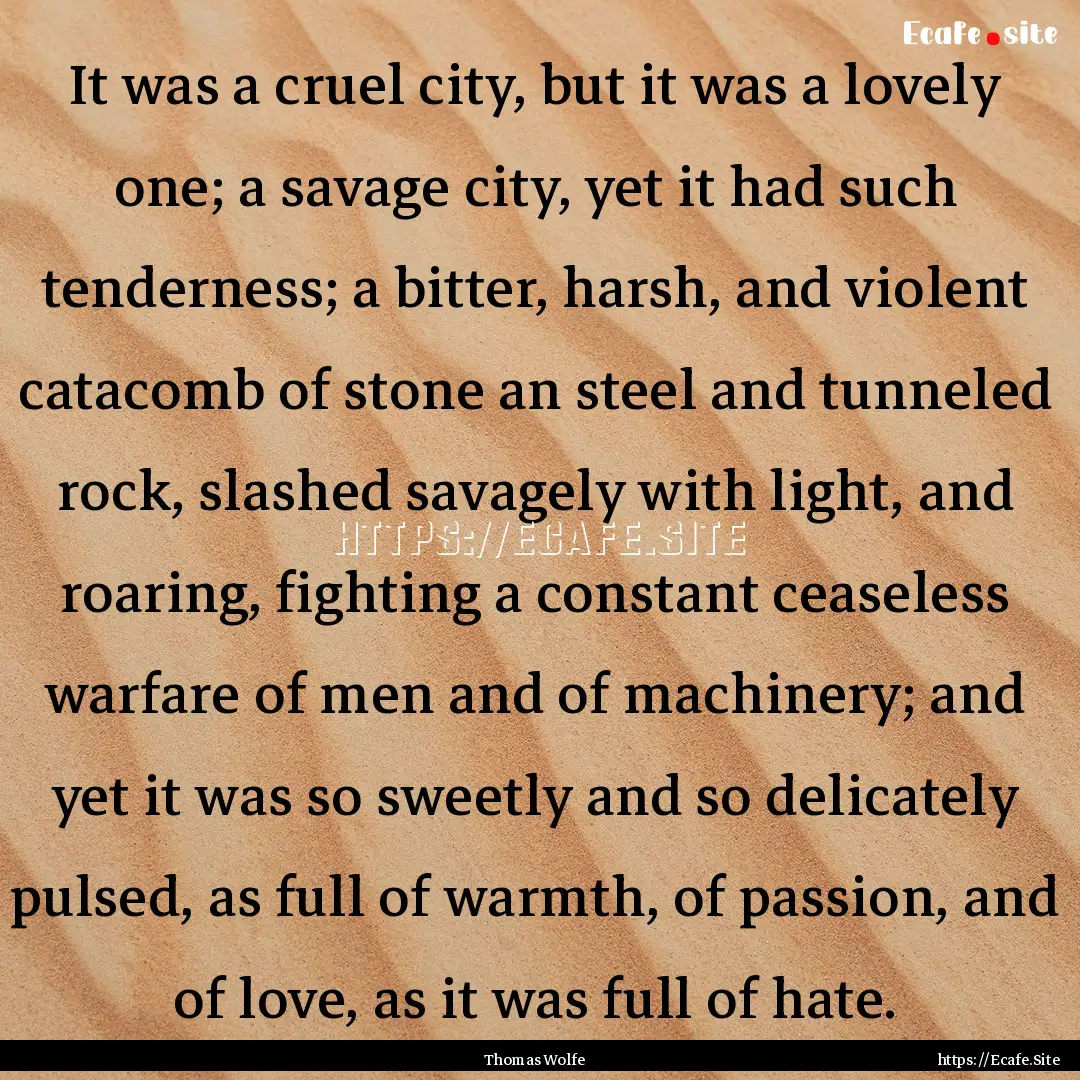 It was a cruel city, but it was a lovely.... : Quote by Thomas Wolfe