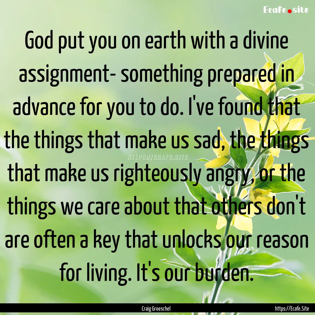 God put you on earth with a divine assignment-.... : Quote by Craig Groeschel