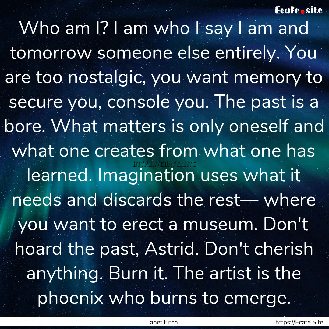 Who am I? I am who I say I am and tomorrow.... : Quote by Janet Fitch