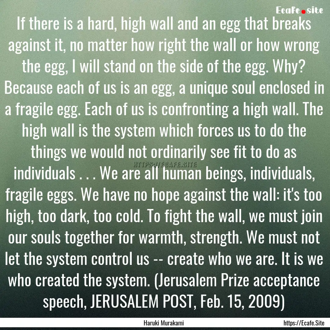 If there is a hard, high wall and an egg.... : Quote by Haruki Murakami