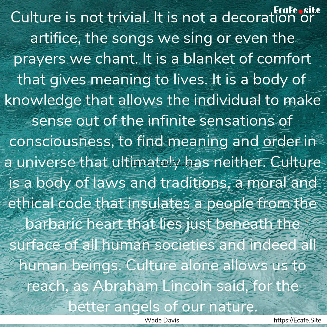 Culture is not trivial. It is not a decoration.... : Quote by Wade Davis