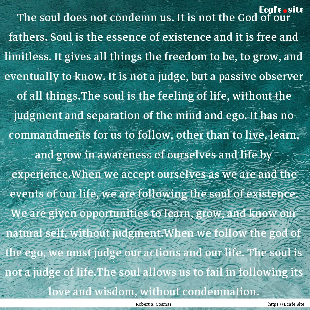 The soul does not condemn us. It is not the.... : Quote by Robert S. Cosmar