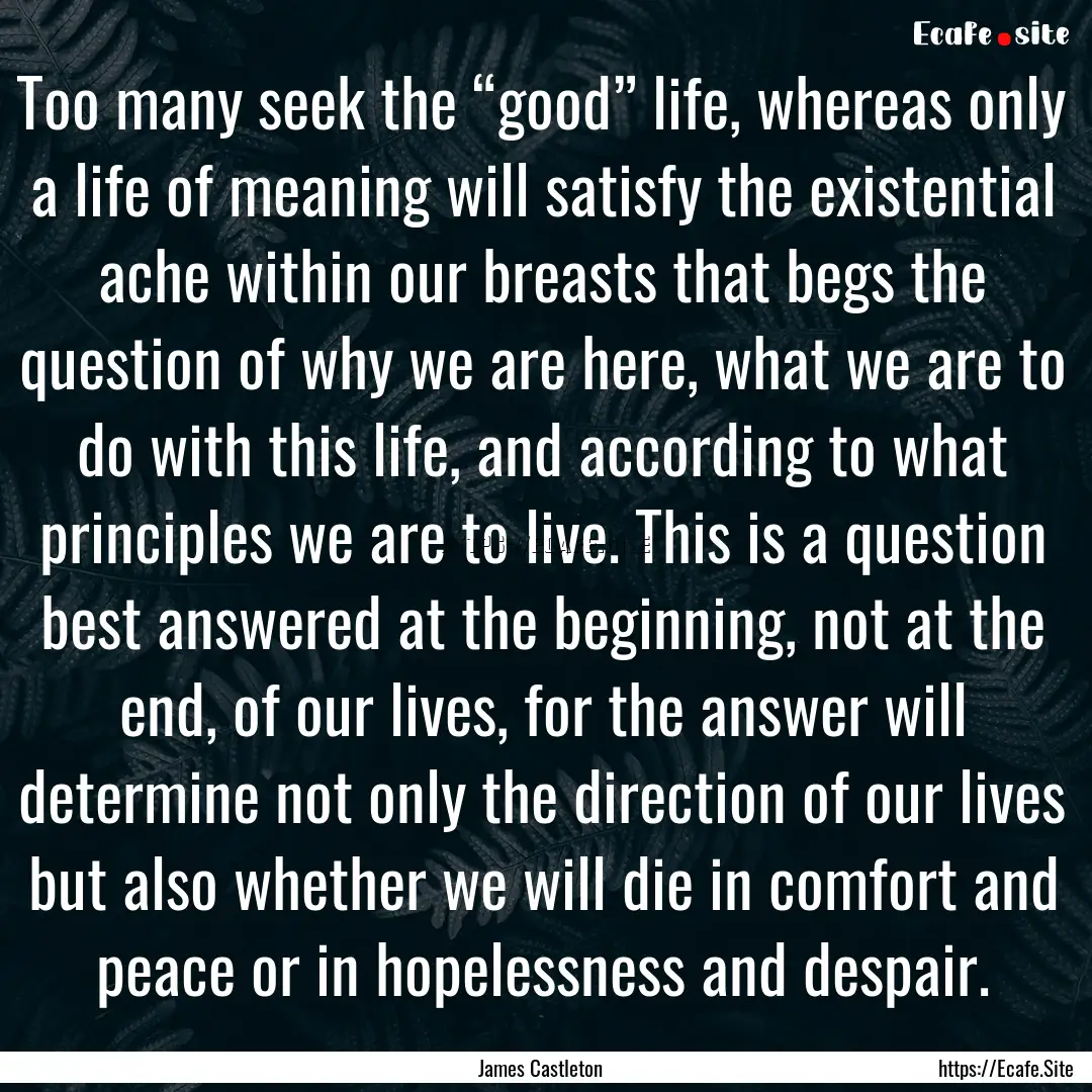 Too many seek the “good” life, whereas.... : Quote by James Castleton