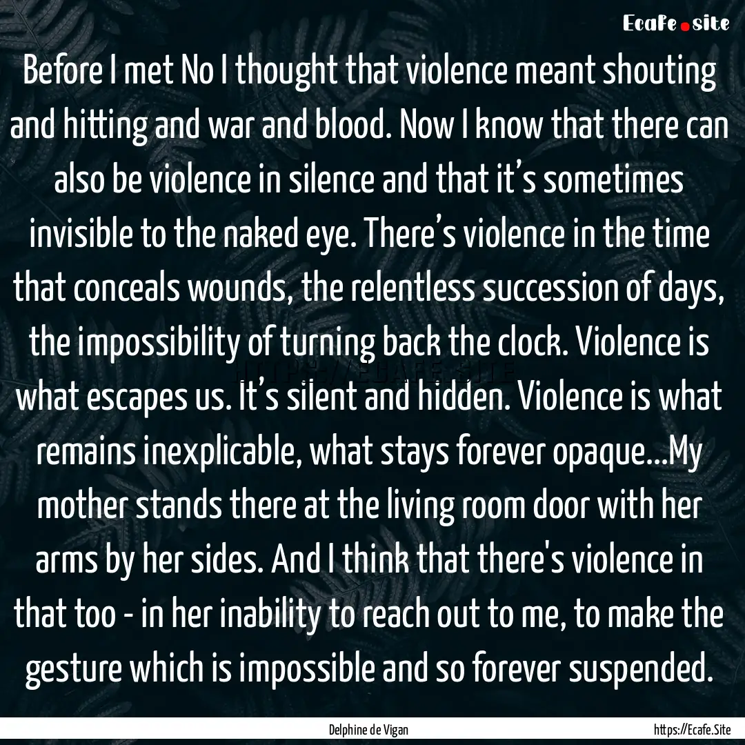 Before I met No I thought that violence meant.... : Quote by Delphine de Vigan