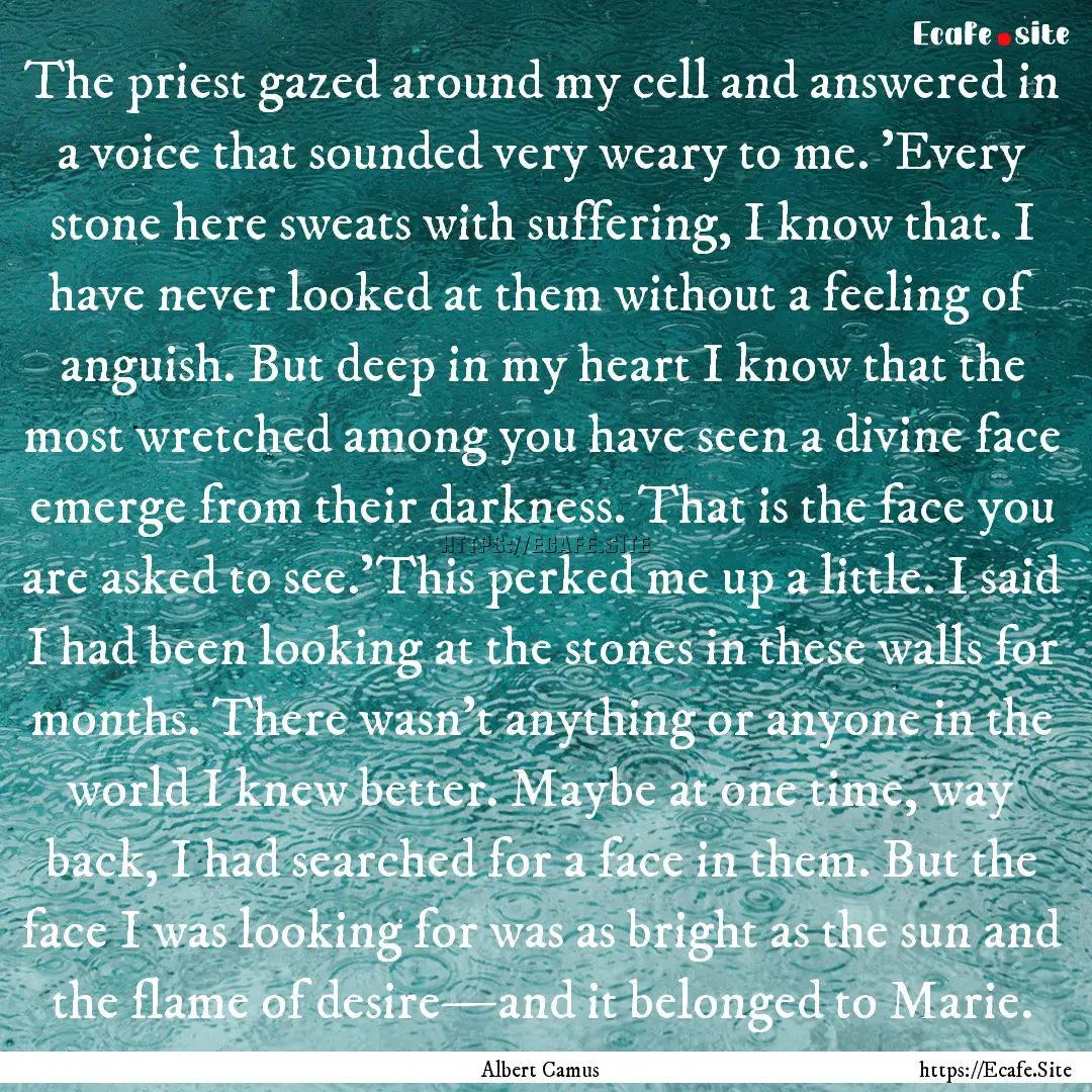 The priest gazed around my cell and answered.... : Quote by Albert Camus