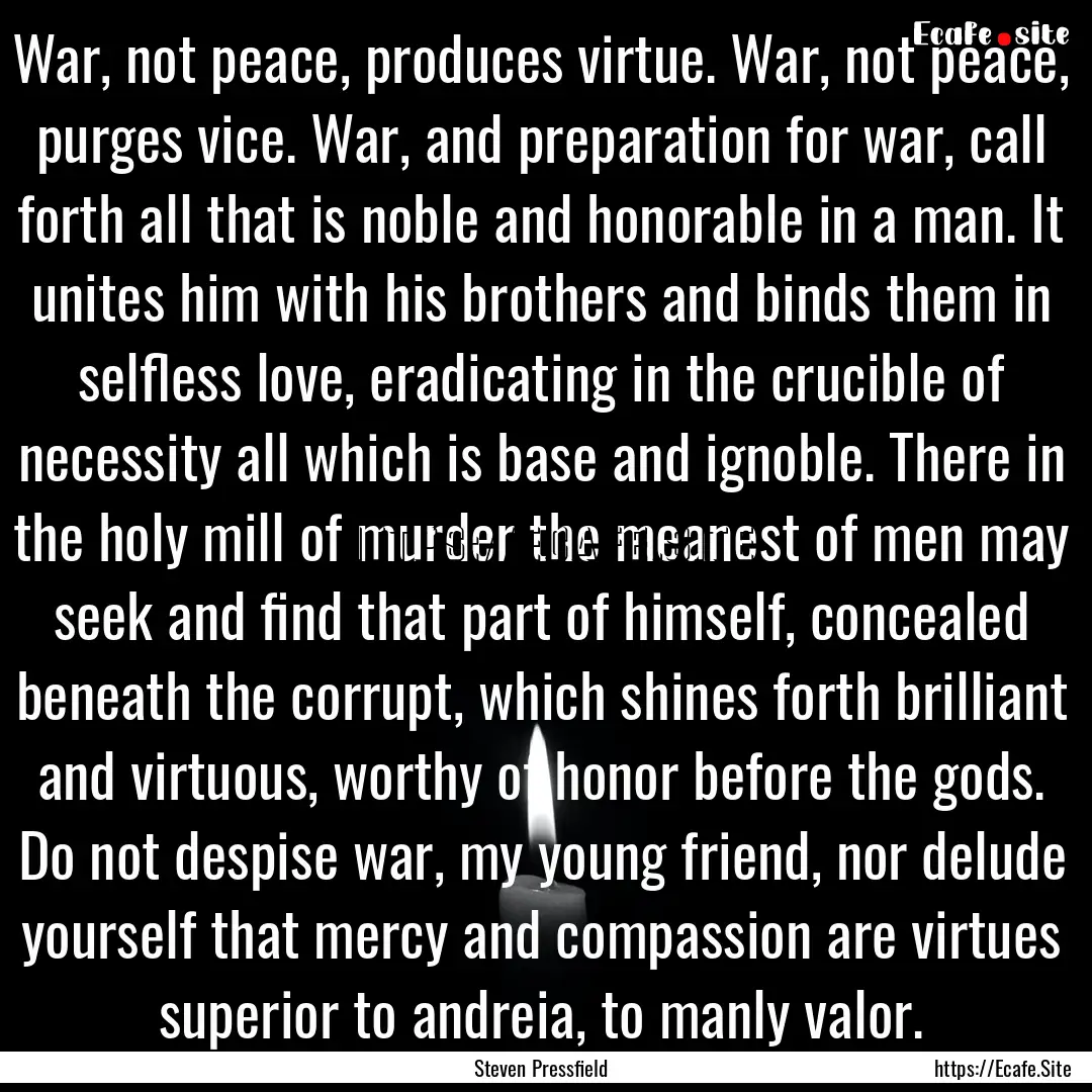 War, not peace, produces virtue. War, not.... : Quote by Steven Pressfield