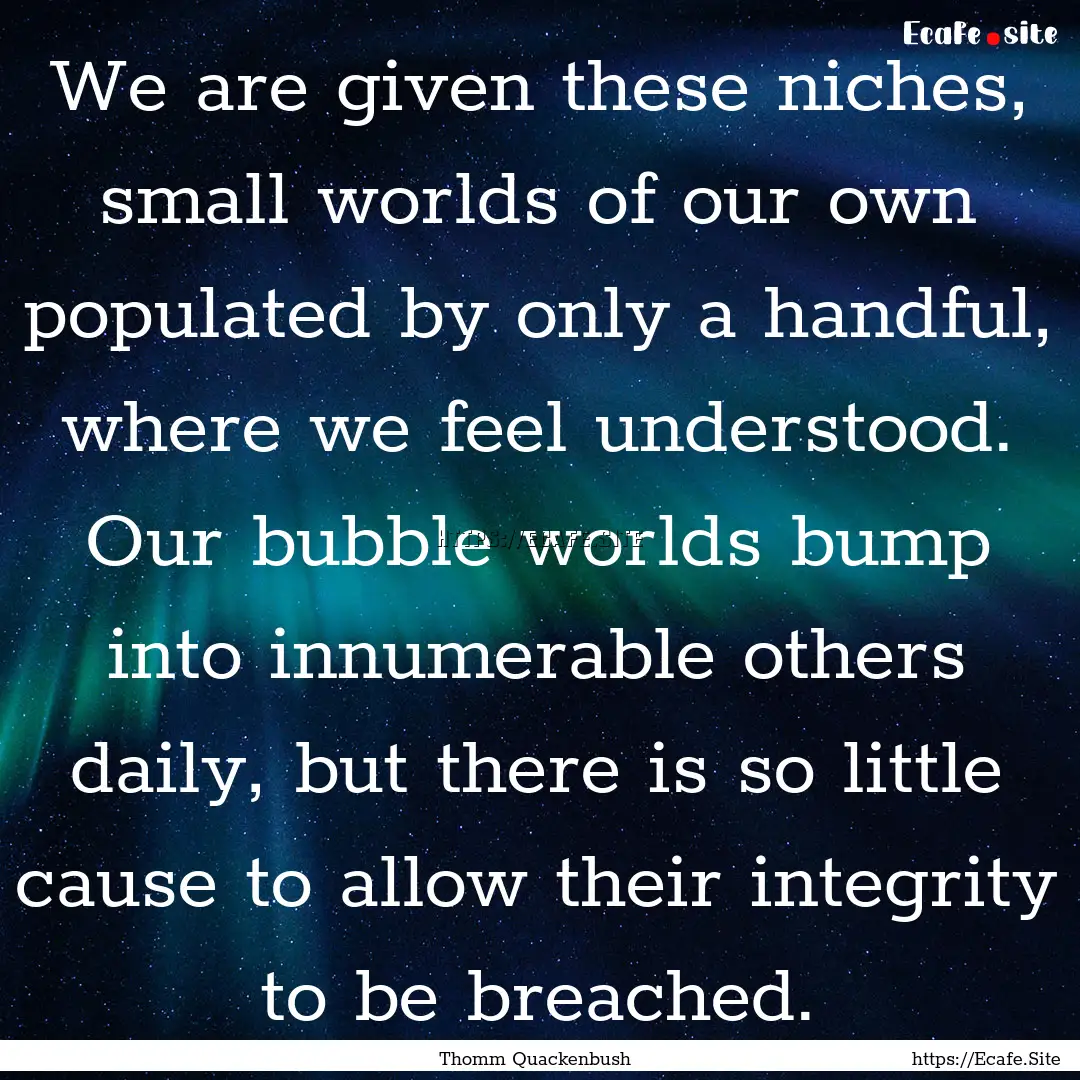 We are given these niches, small worlds of.... : Quote by Thomm Quackenbush