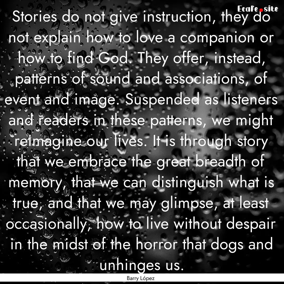 Stories do not give instruction, they do.... : Quote by Barry López