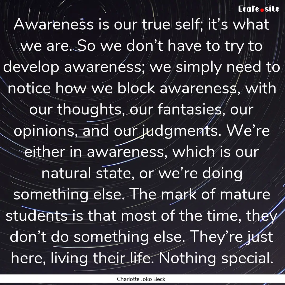 Awareness is our true self; it’s what we.... : Quote by Charlotte Joko Beck