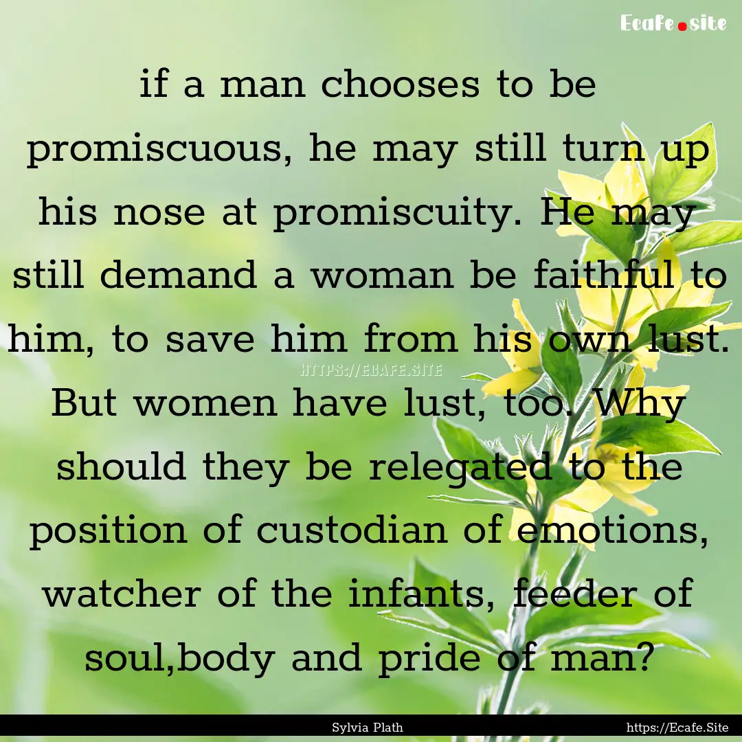 if a man chooses to be promiscuous, he may.... : Quote by Sylvia Plath