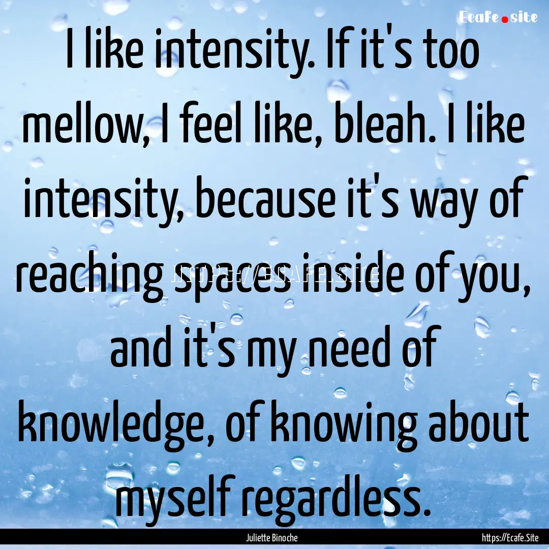 I like intensity. If it's too mellow, I feel.... : Quote by Juliette Binoche