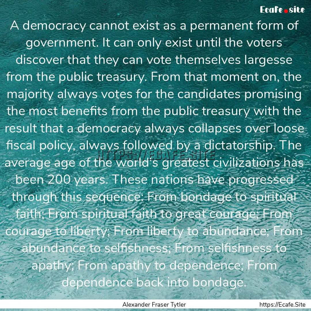 A democracy cannot exist as a permanent form.... : Quote by Alexander Fraser Tytler