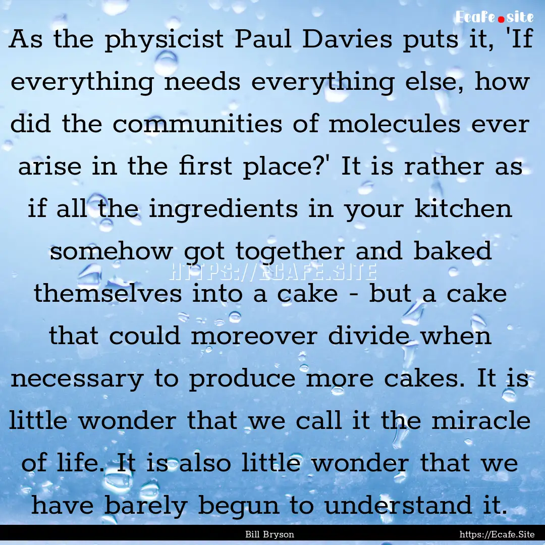 As the physicist Paul Davies puts it, 'If.... : Quote by Bill Bryson