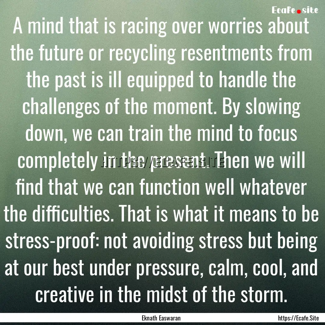 A mind that is racing over worries about.... : Quote by Eknath Easwaran