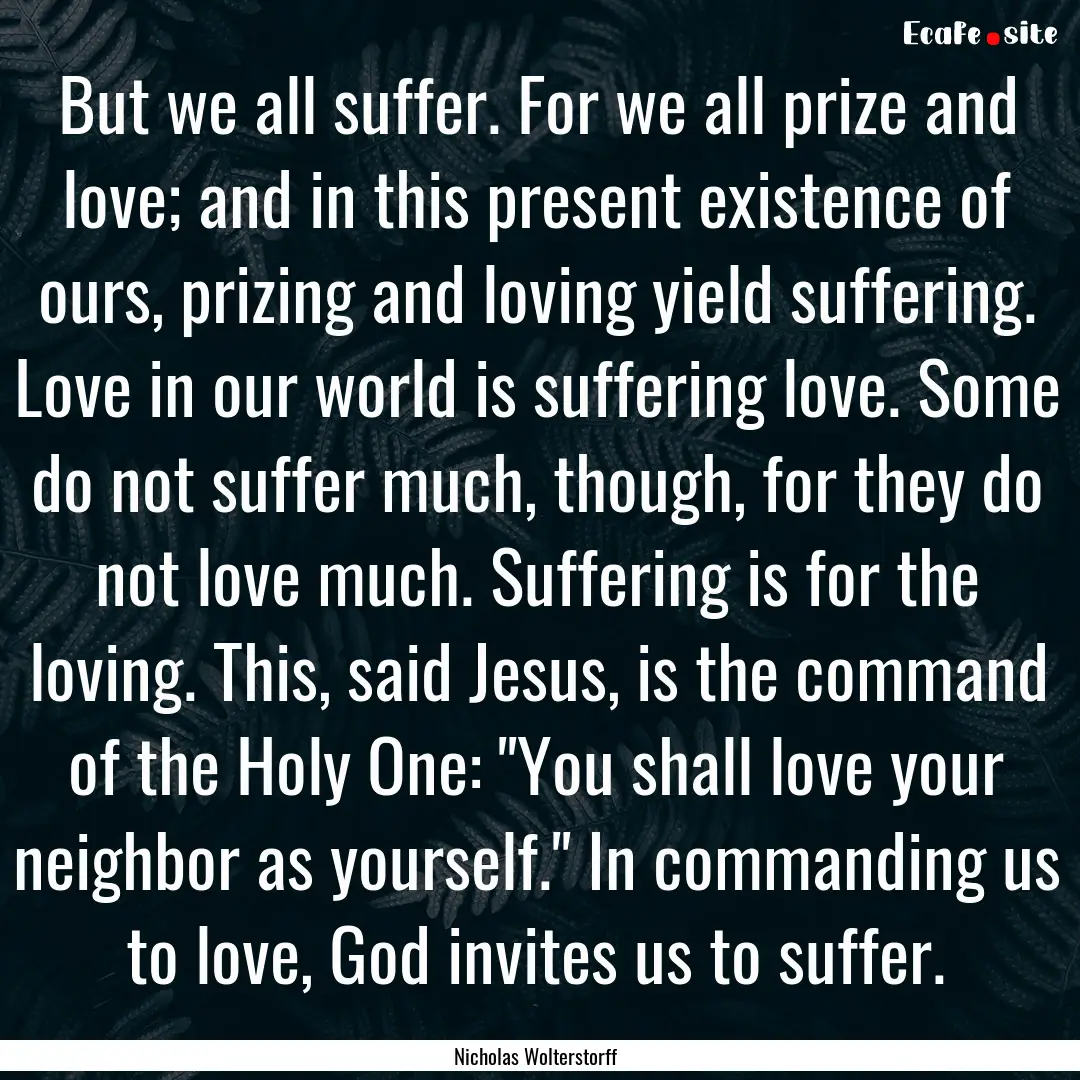 But we all suffer. For we all prize and love;.... : Quote by Nicholas Wolterstorff