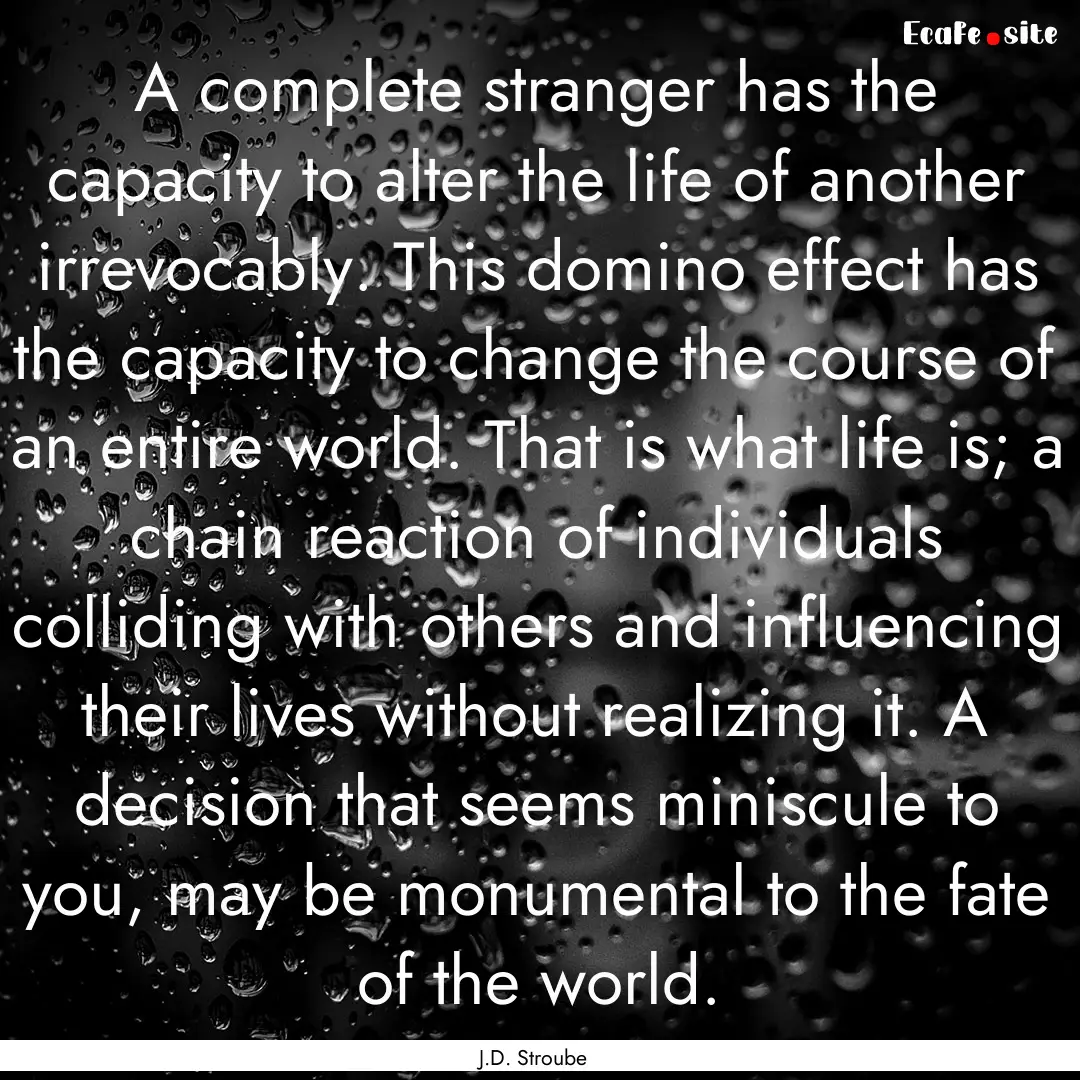 A complete stranger has the capacity to alter.... : Quote by J.D. Stroube