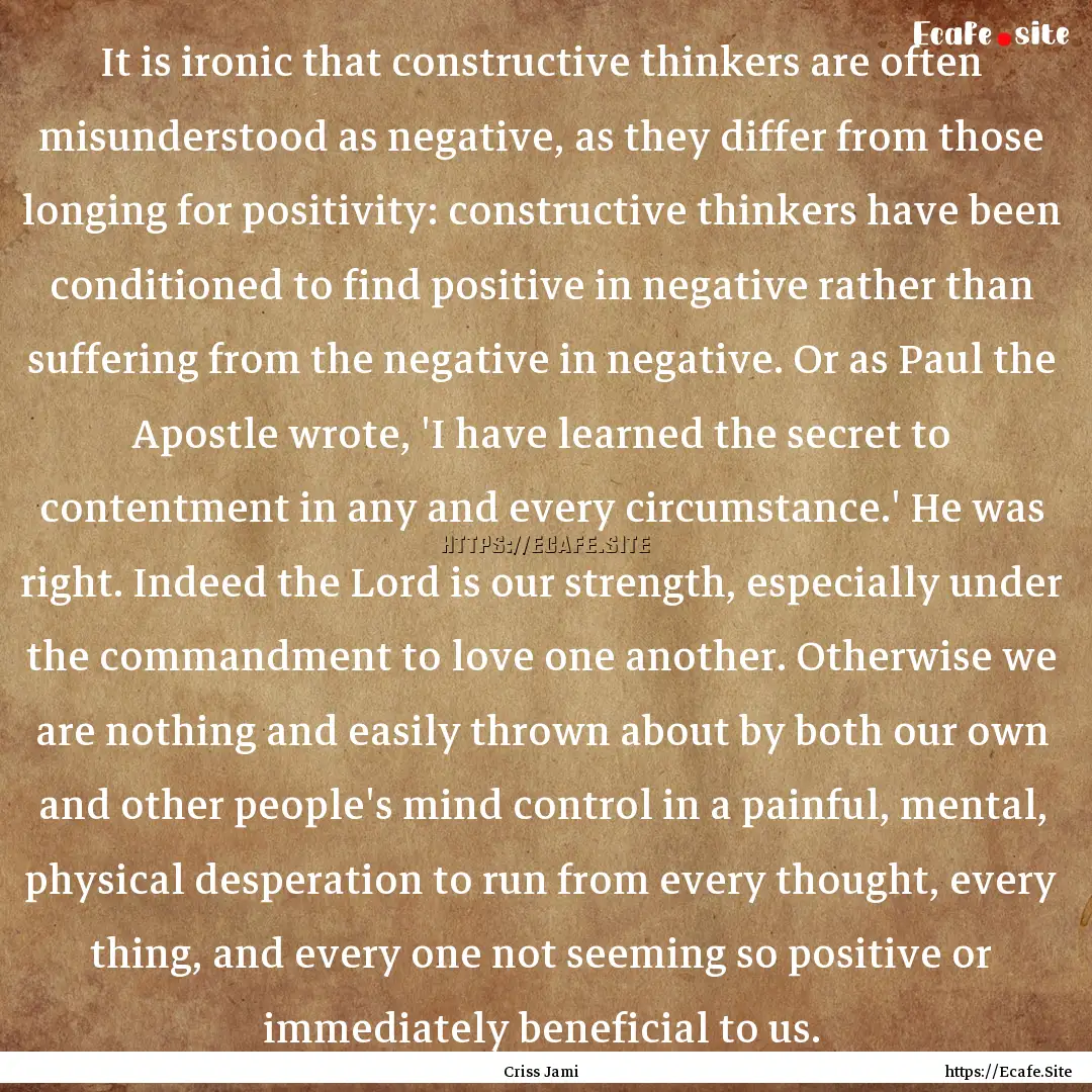 It is ironic that constructive thinkers are.... : Quote by Criss Jami