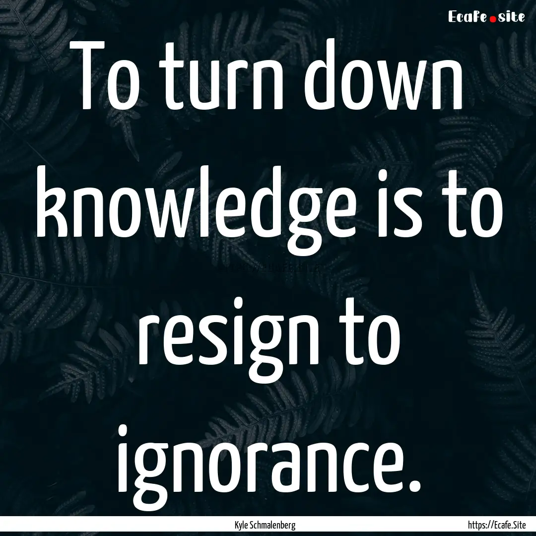 To turn down knowledge is to resign to ignorance..... : Quote by Kyle Schmalenberg