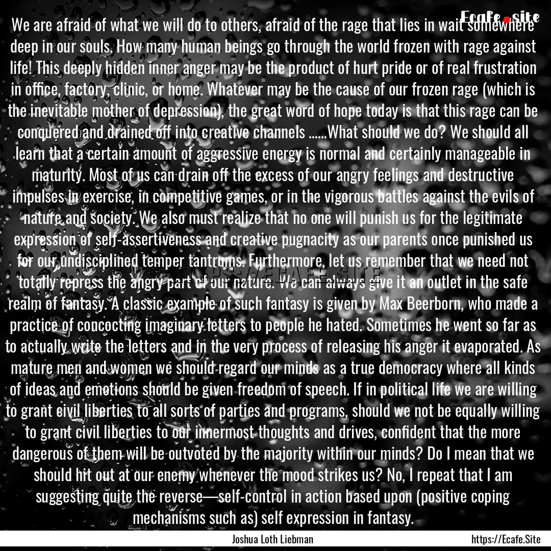 We are afraid of what we will do to others,.... : Quote by Joshua Loth Liebman