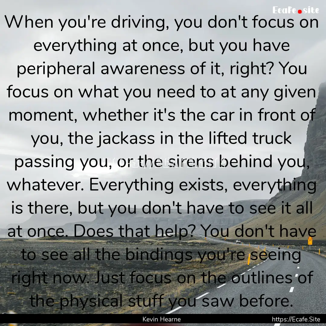 When you're driving, you don't focus on everything.... : Quote by Kevin Hearne