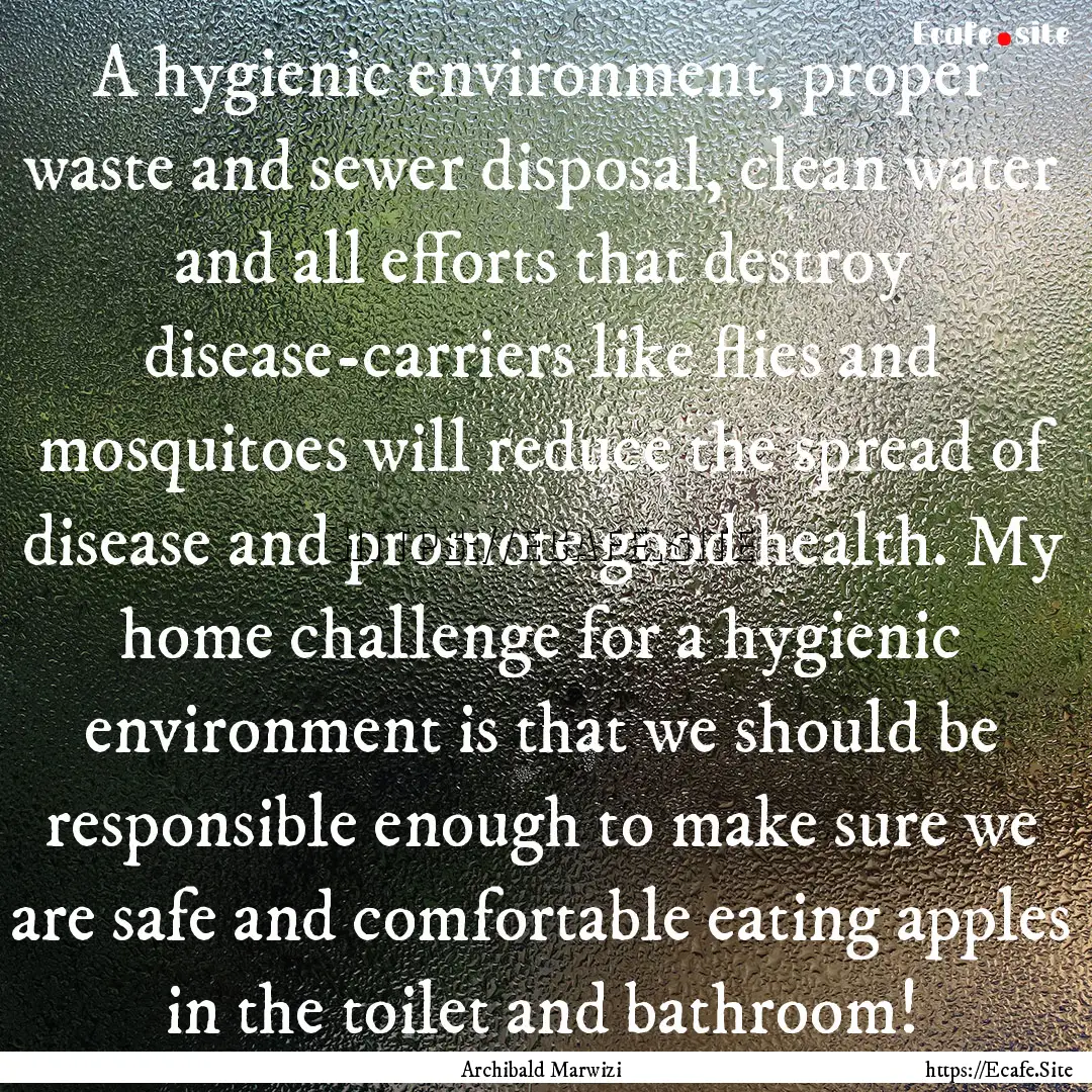 A hygienic environment, proper waste and.... : Quote by Archibald Marwizi