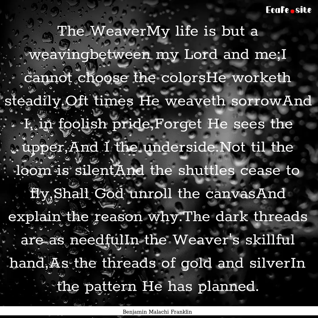 The WeaverMy life is but a weavingbetween.... : Quote by Benjamin Malachi Franklin