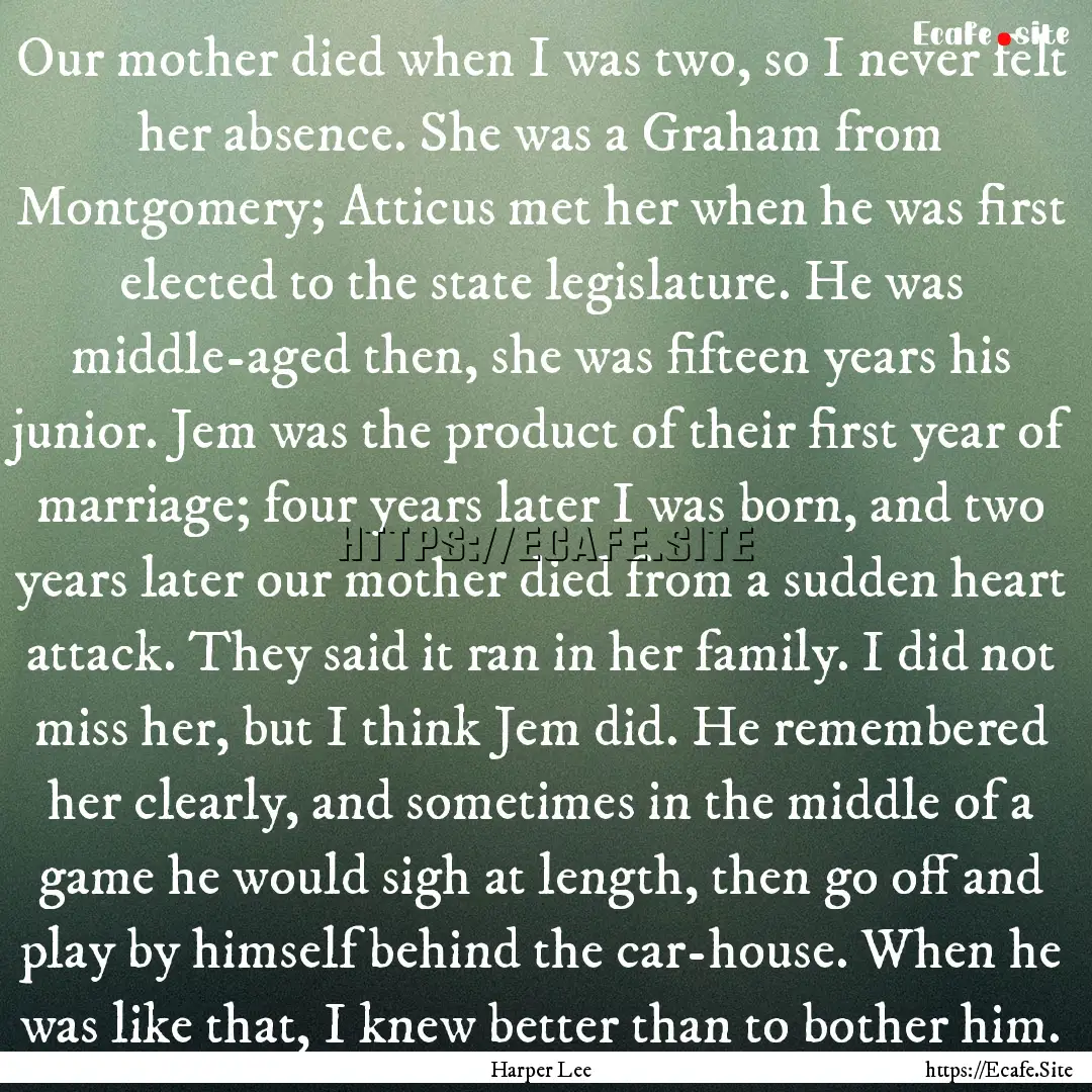 Our mother died when I was two, so I never.... : Quote by Harper Lee