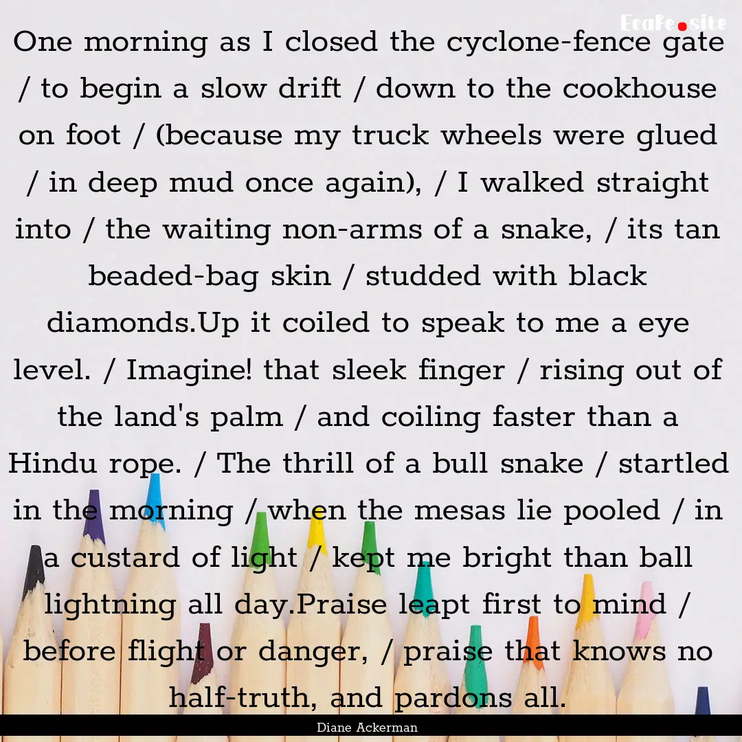 One morning as I closed the cyclone-fence.... : Quote by Diane Ackerman