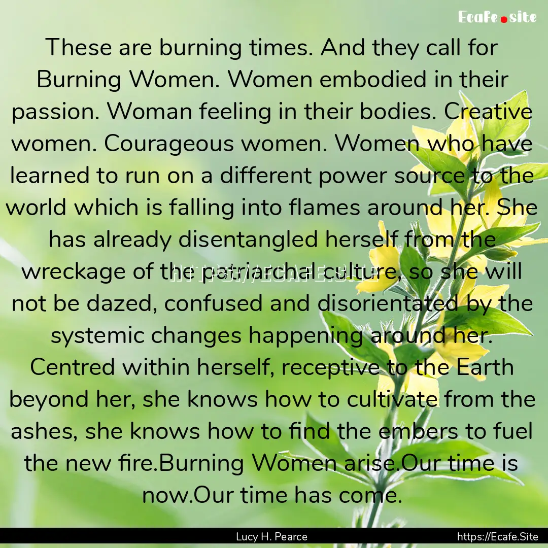 These are burning times. And they call for.... : Quote by Lucy H. Pearce