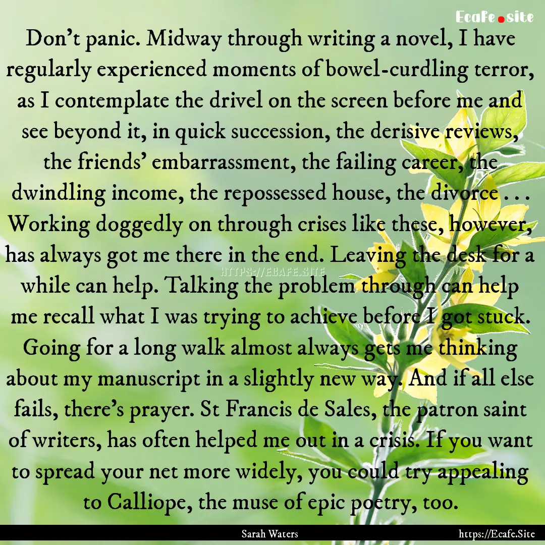 Don't panic. Midway through writing a novel,.... : Quote by Sarah Waters